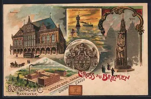 Lithographie Bremen, Partie am Rathaus, Rohland und Fabrik von Union Cakes, B. Sprengel & Co