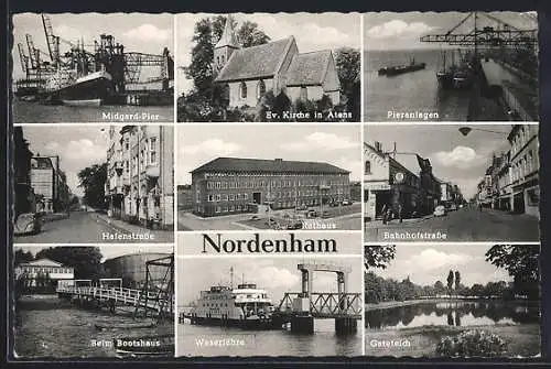 AK Nordenham, Midgard-Pier, Rathaus, Hafenstrasse, Evangelische Kirche in Atens