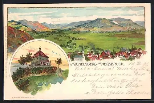 Lithographie Hersbruck, Totalansicht und Gasthaus Michelsberg