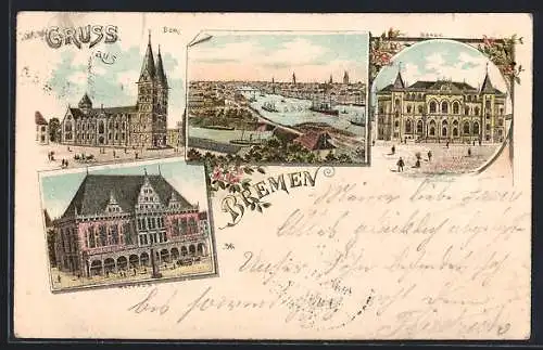 Lithographie Bremen, Dom, Rathaus, Börse, Ortsansicht mit Schiffen