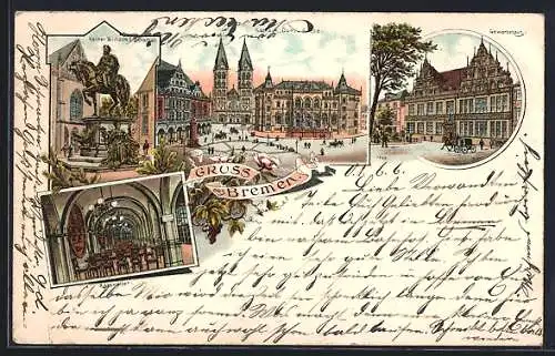 Lithographie Bremen, Kaiser-Wilhelm-Denkmal, Rathaus, Dom und Börse, Ratskeller imd Gewerbehaus