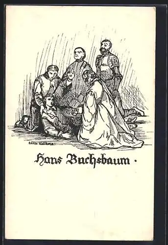 Künstler-AK Sagen um den Wiener Stephansdom, Hans Buchsbaum, Menschen mit gestürztem Buchsbaum