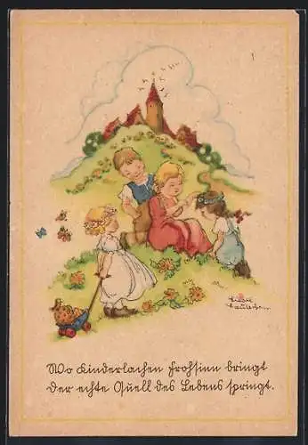Künstler-AK sign. Liesel Lauterborn: Kinder spielen im Frühling