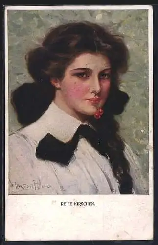 Künstler-AK Clarence F.Underwood: Reife Kirschen, Frau mit Kirschen zwischen den Lippen