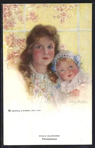 Künstler-AK Philip Boileau: Pfirsichblüten, Mädchen mit Baby