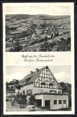 AK Züschen / Hochsauerland, Hotel-Pension Haus Hochsteins, Ortspanorama