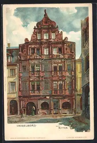 Künstler-AK K. Mutter: Heidelberg, Gasthaus Zum Ritter und Leute um 1900