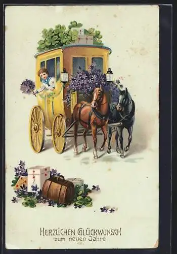 Künstler-AK Bonne Année, Postkutsche mit Kleeblättern und Veilchen