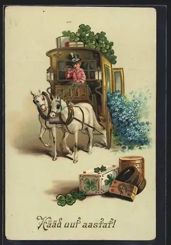 AK Viel Glück im neuen Jahre, Postkutsche mit vierblättrigen Kleeblättern