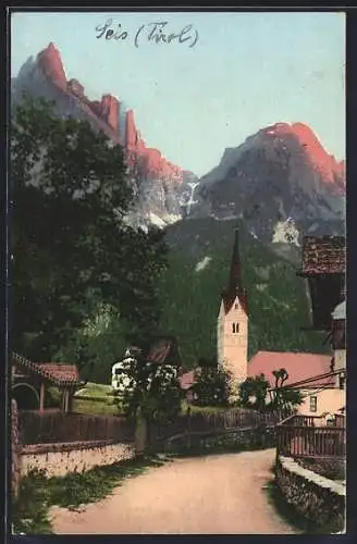 AK Seis, Partie mit Kirche, Santner-Spitze u. Schlern