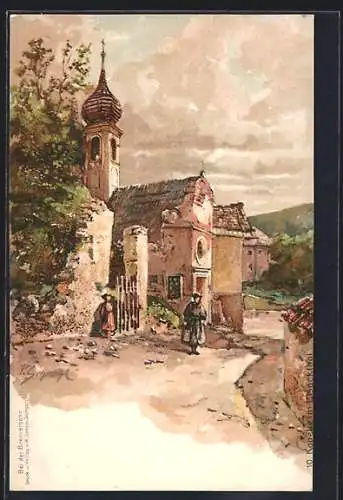 Künstler-AK P.Schmohl: Eisackthal, Blick zur Kapelle, Leute