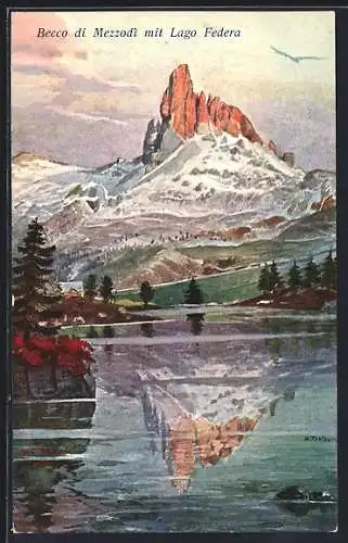 Künstler-Lithographie Hans Treiber: Becco di Mezzodì mit Lago Federa
