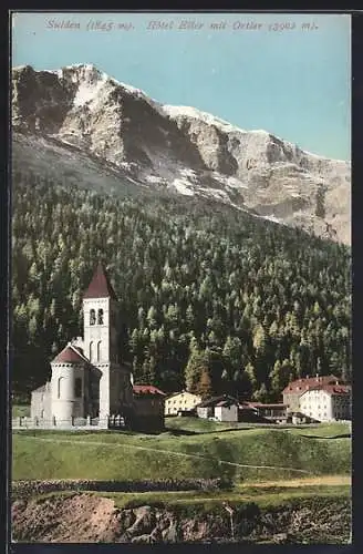 AK Sulden, Hotel Eller mit Kirche, Ortler