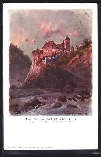 Künstler-Lithographie F.A.C.M. Reisch: Bozen, Schloss Runkelstein im Abendlicht um 1900