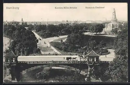 AK Hamburg-St. Pauli, Kersten Miles-Brücke mit Bismarckdenkmal, Pferdekutschen