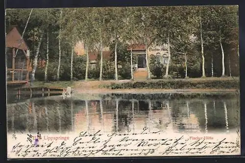 AK Bad Lippspringe, Gasthof Fischer-Hütte, vom Wasser gesehen