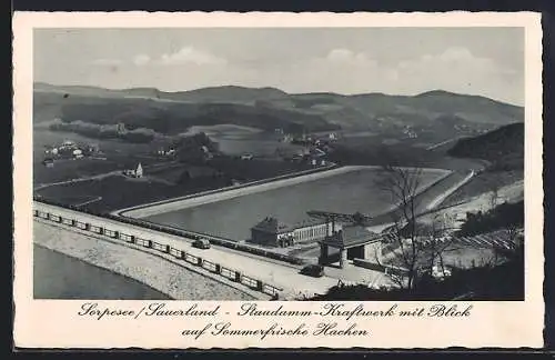 AK Sorpesee /Sauerland, Staudamm-Kraftwerk mit Blick auf Hachen