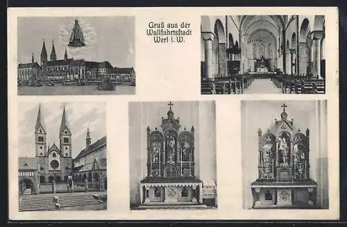 AK Werl i. W., Wallfahrtskirche mit Innerem, Ortspartie mit schwebendem Marienbild