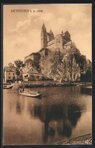 AK Limburg-Dietkirchen / Lahn, Lahnpartie mit Ruderboot & Blick auf das Schloss