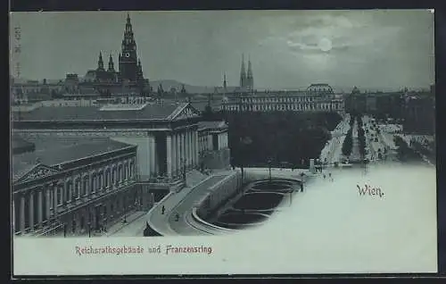 Mondschein-AK Wien, Reichsrathsgebäude und Franzensring mit Anlage aus der Vogelschau