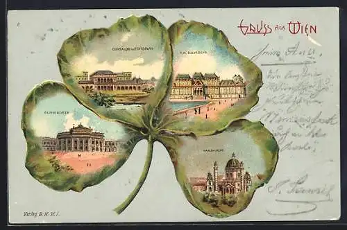 Passepartout-Lithographie Wien, Burgtheater, Cursalon im Stadtpark, K. K. Belvedere und Karlskirche im Kleeblatt