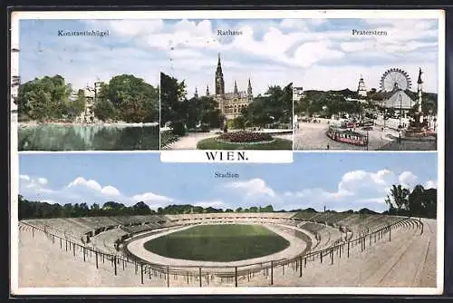 AK Wien, Stadion, Konstantinhügel, Rathaus, Praterstern mit Strassenbahn