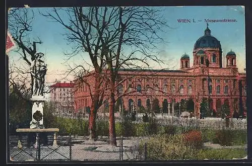 AK Wien, Museumstrasse mit Statue