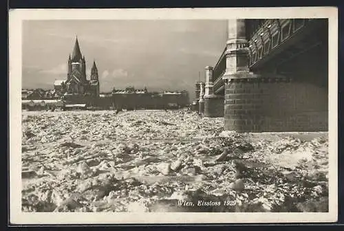 AK Wien, Eisstoss 1929, Blick auf die Kirche, Brücke