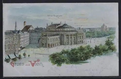 Lithographie Wien, Hof-Burgtheater mit Strasse aus der Vogelschau