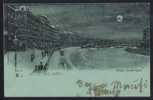 Mondschein-AK Wien, Franz Josefs-Quai im Winter