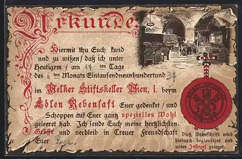 AK Wien, Melker Stiftskeller, Schottengasse 3, Urkunde