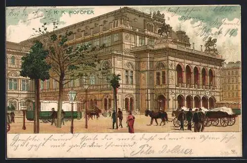 Lithographie Wien, Oper, Teilansicht mit Pferdekutschen