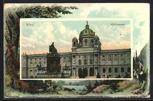 Künstler-AK Wien, Hofmuseum, Landschaft mit Wildtieren und Gewässer, Rahmen