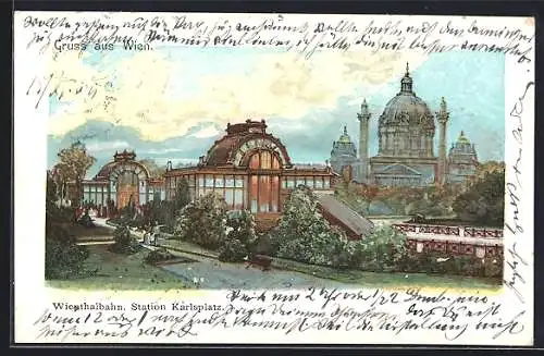 Künstler-AK Wien, Wiesthalbahn, Station Karlsplatz mit Anlagen und Karlskirche