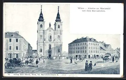 Künstler-AK Wien, Kirche zu Mariahilf bei den Barnabiten, Panorama