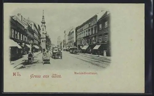 Mondschein-AK Wien, Mariahilferstrasse mit Pferdebahn, Kutsche, Karren