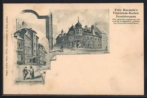Lithographie Wien, Blick zur Fassziehergasse und zum Fasszieher-Haus Spittelbergggasse