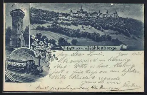 Künstler-AK Wien, Kahlenberg, Hotel Kahlenberg bei Vollmond, Aussichtsturm, Zahnradbahn