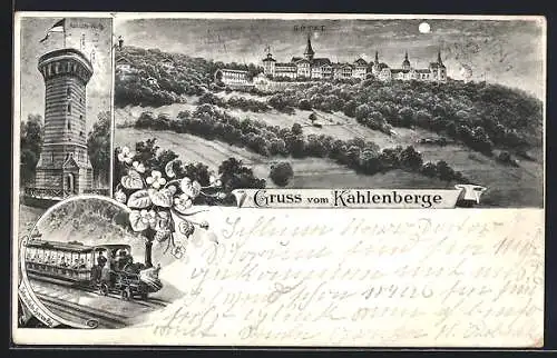 Künstler-AK Wien, Kahlenberg, Hotel Kahlenberg mit Vollmond und Aussichtsturm, Zahnradbahn