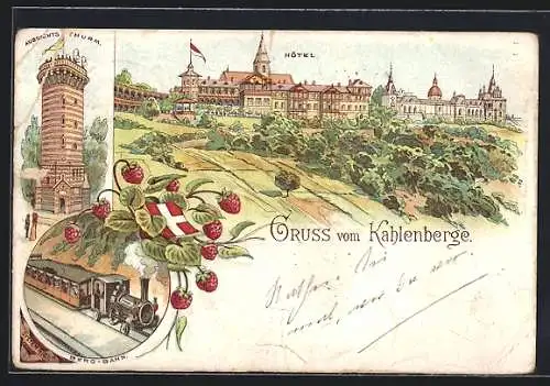 Lithographie Wien-Kahlenberg, Hotel auf dem Kahlenberg, Aussichtsturm, Bergbahn