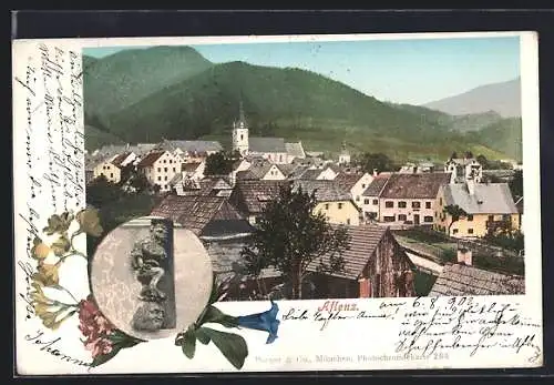 AK Aflenz, Panorama mit Bergen, Steinfigur