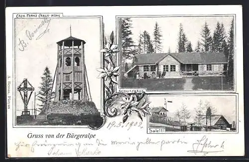 AK Maria-Zell, Gasthaus Bürgeralpe-Schutzhaus, Innenansicht, Salettl, Erzh. Franz Carls-Höhe