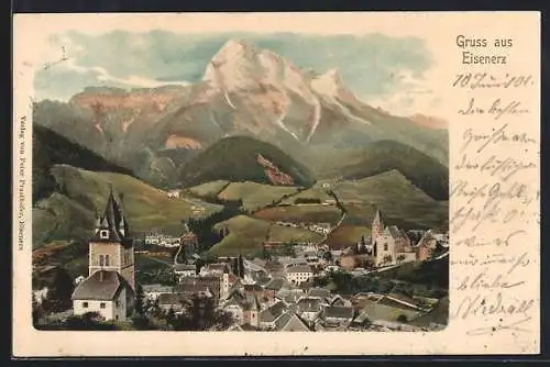 AK Eisenerz, Ortschaft aus der Vogelschau um 1900