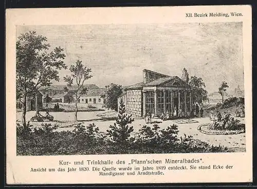 Künstler-AK Wien, Meidling, Kur- und Trinkhalle des Pfann`schen Mineralbades