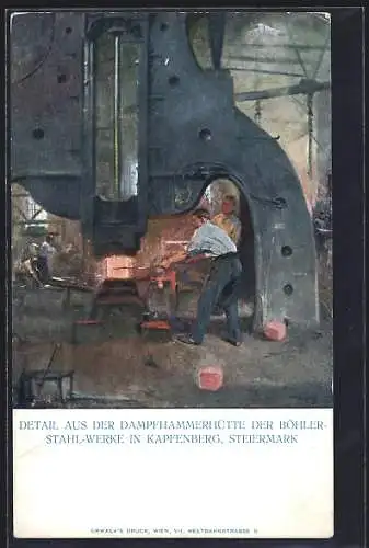 AK Kapfenberg, Fabrikarbeiter arbeiten in der Dampfhammerhütte der Böhler-Stahl-Werke