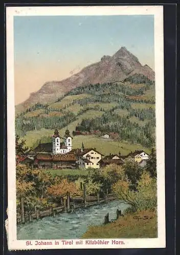 Künstler-AK St. Johann in Tirol, Ortsansicht mit Fluss und Kitzbüheler Horn