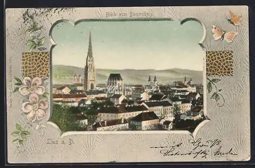 AK Linz a. D., Blick vom Bauernberg auf den Ort, Schmetterlinge