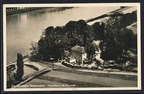 AK Frankfurt-Oberrad, Gasthaus historische Gerbermühle, Fliegeraufnahme