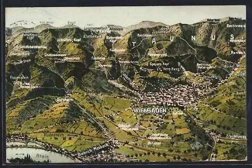 AK Wiesbaden, Panorama aus der Vogelschau mit Taunus und Rhein