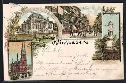 Lithographie Wiesbaden, Neues Theater, Wilhelmstrasse, Denkmal Wilhelm I. und Ringkirche